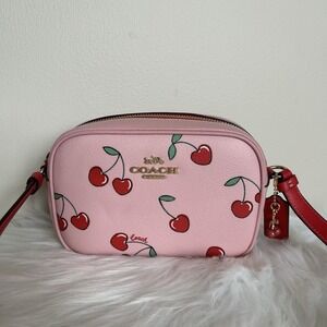 Coach Jamie Camera Bag Pink Cherry Print Pebbled Leather Crossbody Excellent